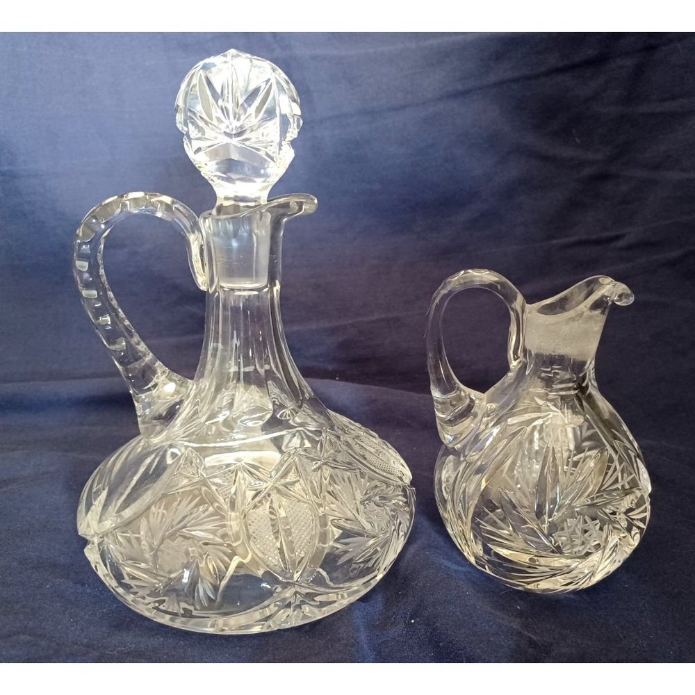 Set of 2 Cruets Decanters Vtg Bohemia Czech Crystal Pinwheel Star Design 24 pbO